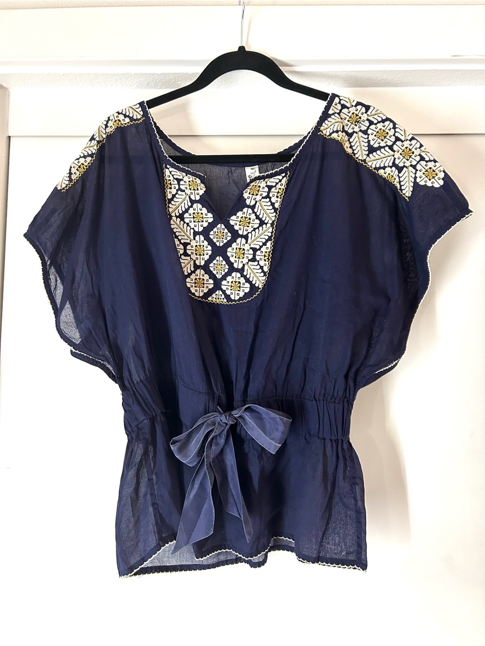 Floreat Navy Embroidered Tie-Waist Blouse